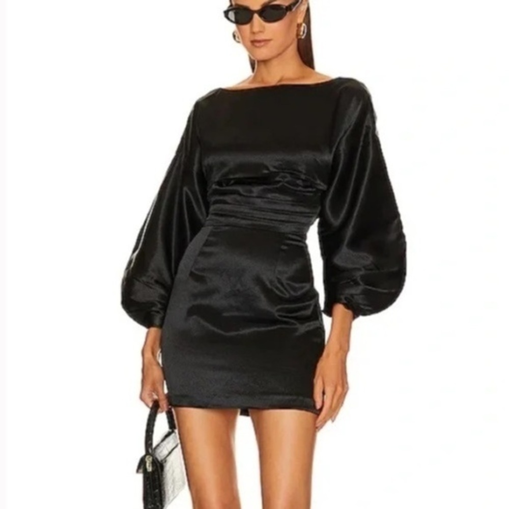h:ours Black Satin Mini Dress with Balloon Sleeves